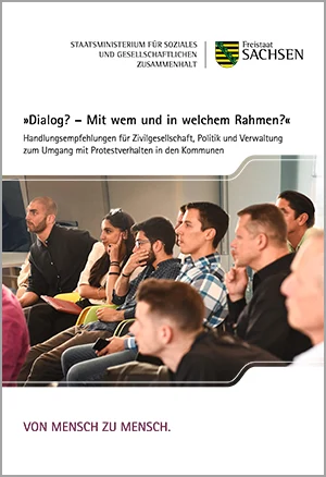 Broschüre: Angebote für Kommunalverwaltungen. Bunte Silhouetten von Menschen mit Sprechblasen, Thema gesellschaftlicher Zusammenhalt.