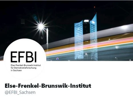 Headerbild des X-Profils des Else-Frenkel-Brunswik-Instituts: vorn rundes EFBI-Logo, dahinter nächtliche Stadtaufnahme mit leuchtenden Lichtspuren und modernem Hochhaus; Profilname „Else-Frenkel-Brunswik-Institut“.