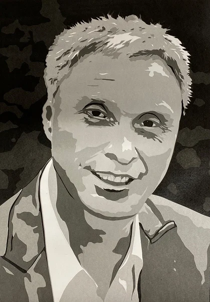 Schwarz-weiße Siebdruck-Grafik einer Person mit Hemd und Jackett vor dunklem Hintergrund, das Gesicht ist durch eine neutrale Fläche anonymisiert.