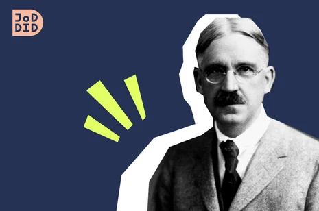 Historisches Porträt John Dewey. Philosoph mit Demokratietheorie, grafisch hervorgehoben mit gelben Akzenten.