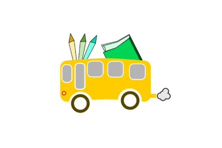 Gelber Bus mit Stiften und Buch. Symbol für Bildungsfahrten im Programm Weltoffenes Sachsen.