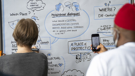Teilnehmende betrachten ein großformatiges Graphic Recording zu einem zentralen Dokumentationszentrum gegen Rechtsterrorismus; vorn schreibt eine Person weiter, daneben fotografiert jemand die Tafel mit dem Smartphone.