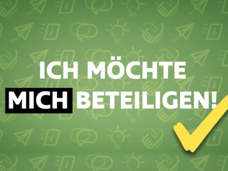 Logo Bürgerbeteiligung Sachsen. Schriftzug: ICH MÖCHTE MICH BETEILIGEN! mit gelbem Haken auf grünem Hintergrund mit Symbolen.